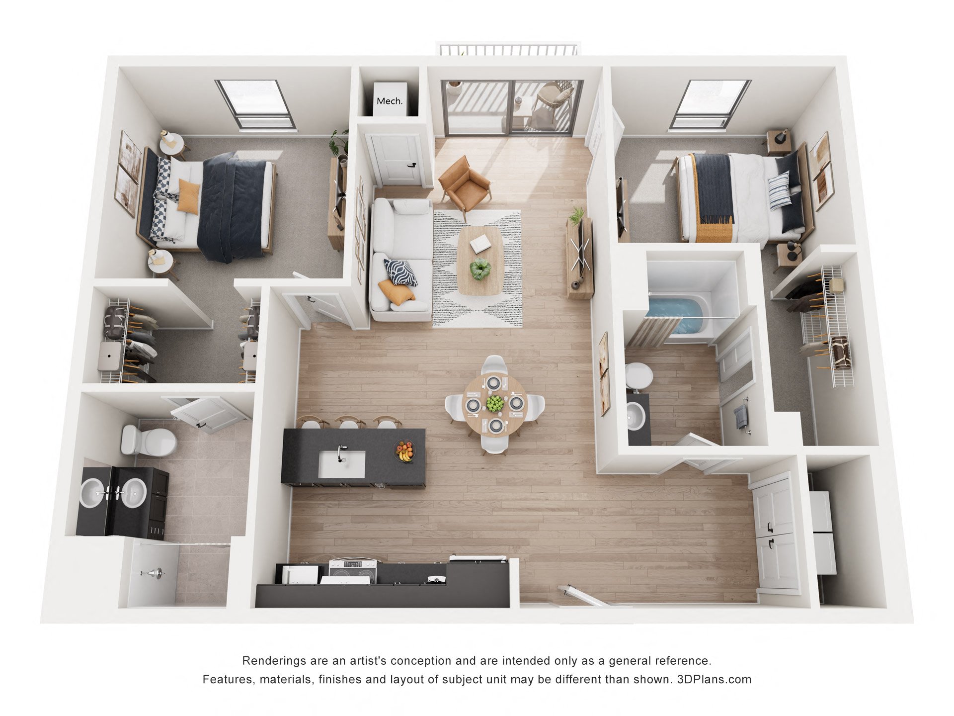 Floor plan for 2 beds, 2 baths, 1173 sqft